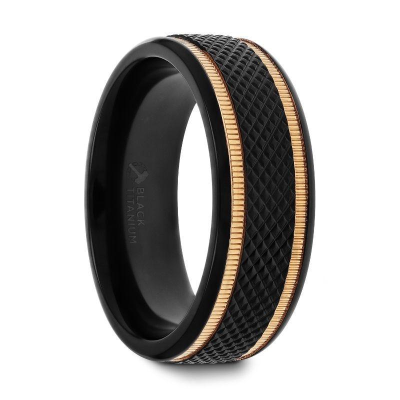 Nox Diamond Pattern Black Titanium Men’s Wedding Ring with Gold Milgrain Grooves – 8mm