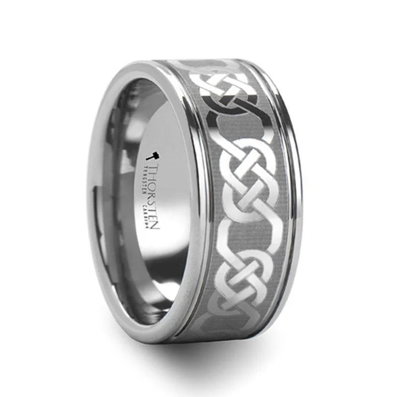 Paulos Grooved Tungsten Carbide Wedding Ring with Celtic Knot Design- 10mm