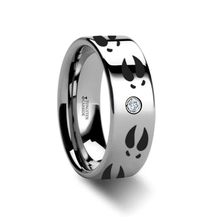 Raum Deer Print Animal Track Engraved Flat Tungsten Diamond Setting Ring - 6mm & 8mm