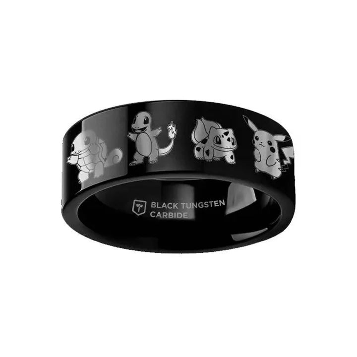 Starter Pokemon Pikachu Charmander Squirtle Bulbasaur Black Tungsten Ring 4mm - 12mm