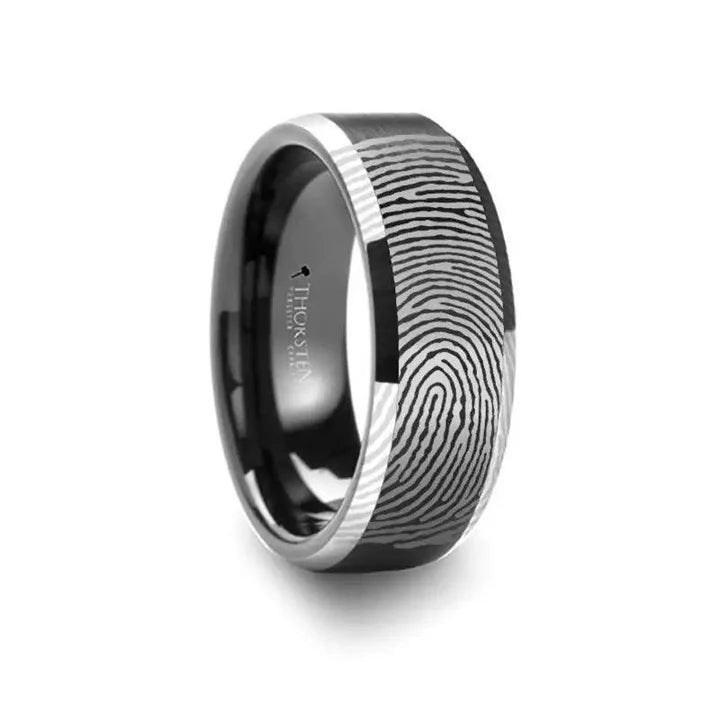Kaito Fingerprint Engraved Flat Black Tungsten Ring Polished Beveled Edges- 4mm - 10mm