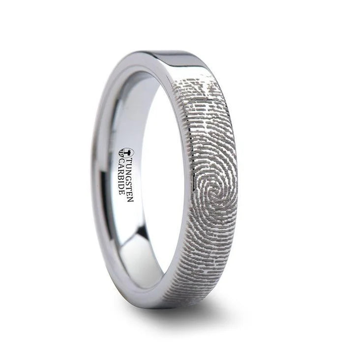 Rios Fingerprint Engraved Pipe Cut Tungsten Carbide Ring Highly Polished - 4mm - 12mm