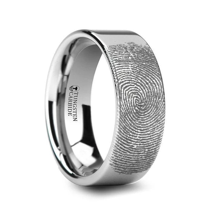 Rios Fingerprint Engraved Pipe Cut Tungsten Carbide Ring Highly Polished - 4mm - 12mm