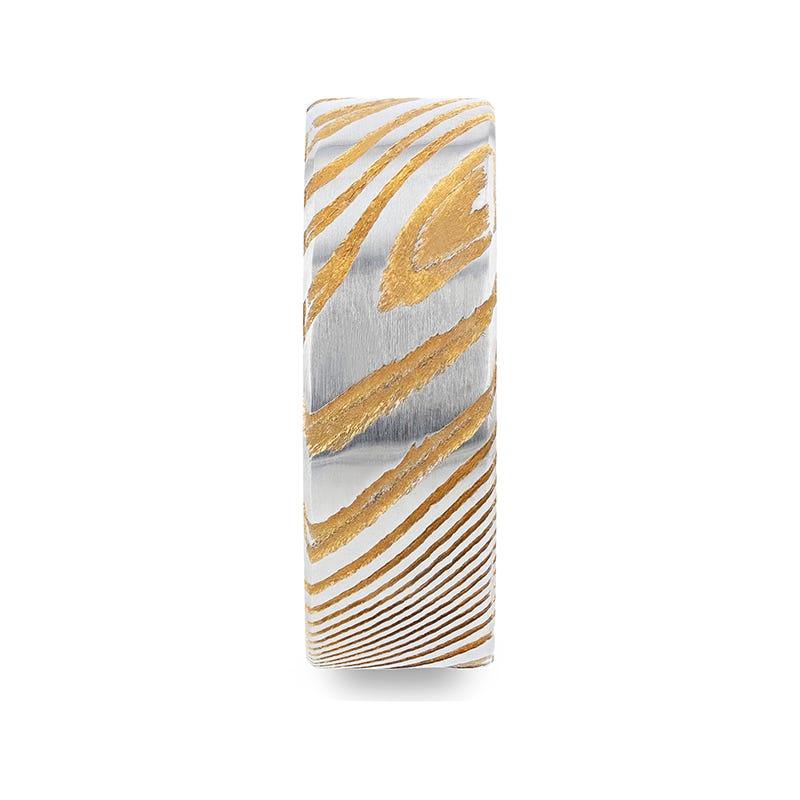Paco Vivid Gold Etched Design Flat Brushed Damascus Steel Wedding Band 6mm & 8mm