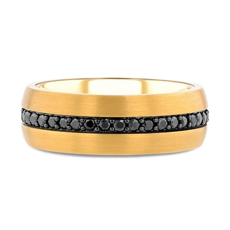 Nayan Domed Gold Plated Tungsten Wedding Band with Multiple Black Sapphires - 8mm