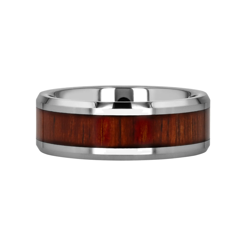 Tungsten carbide ring with a wooden inlay on a white background