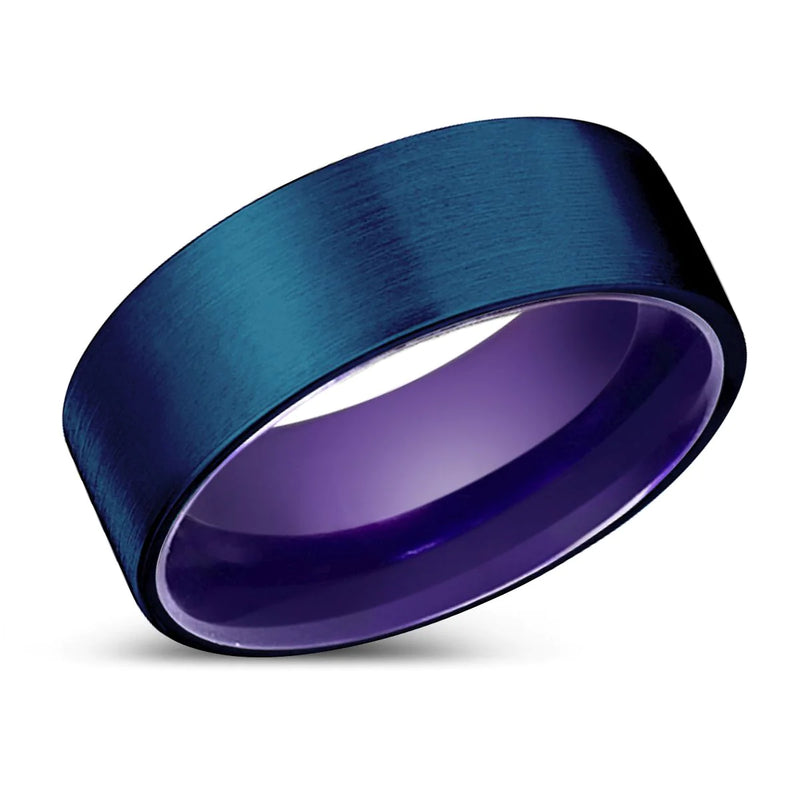 Nigel Blue Brushed Flat Tungsten Wedding Ring Deep Purple Inside - 6mm - 10mm