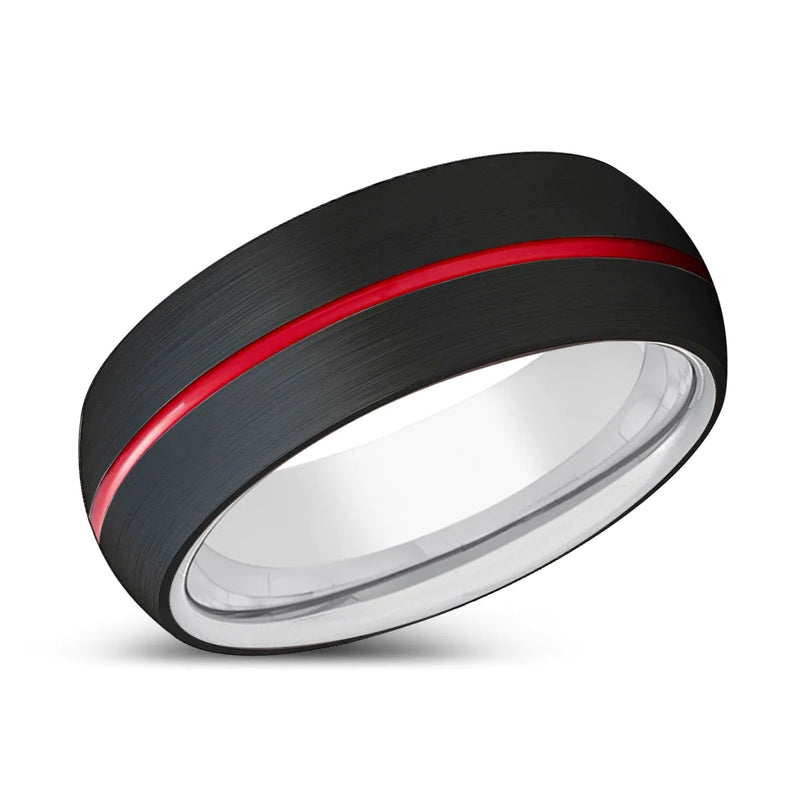 Mahon Black Domed Tungsten Wedding Band with Red Grooved Center - 6mm & 8mm