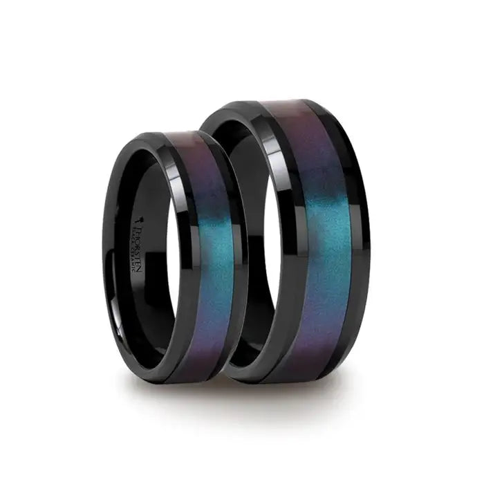 Nivo matching wedding ring set – black ceramic with beveled edges and blue-purple color-changing inlay