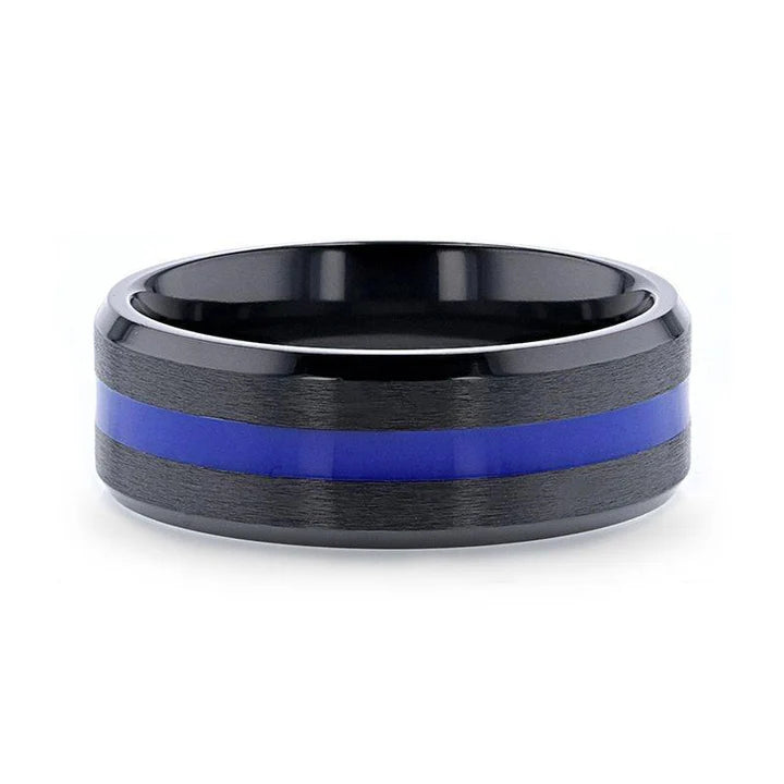 Ricardo Men’s Beveled Black Ceramic Wedding Band with Polished Blue Stripe - 8mm
