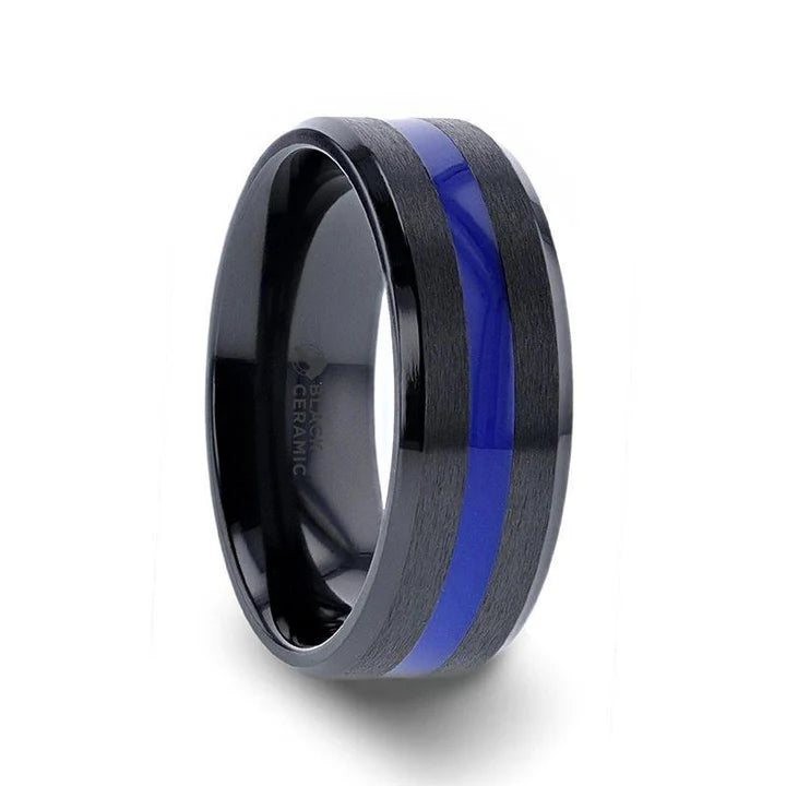 Ricardo Men’s Beveled Black Ceramic Wedding Band with Polished Blue Stripe - 8mm