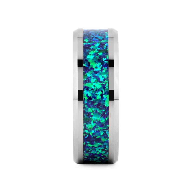 Iris tungsten ring with opal inlay, front view