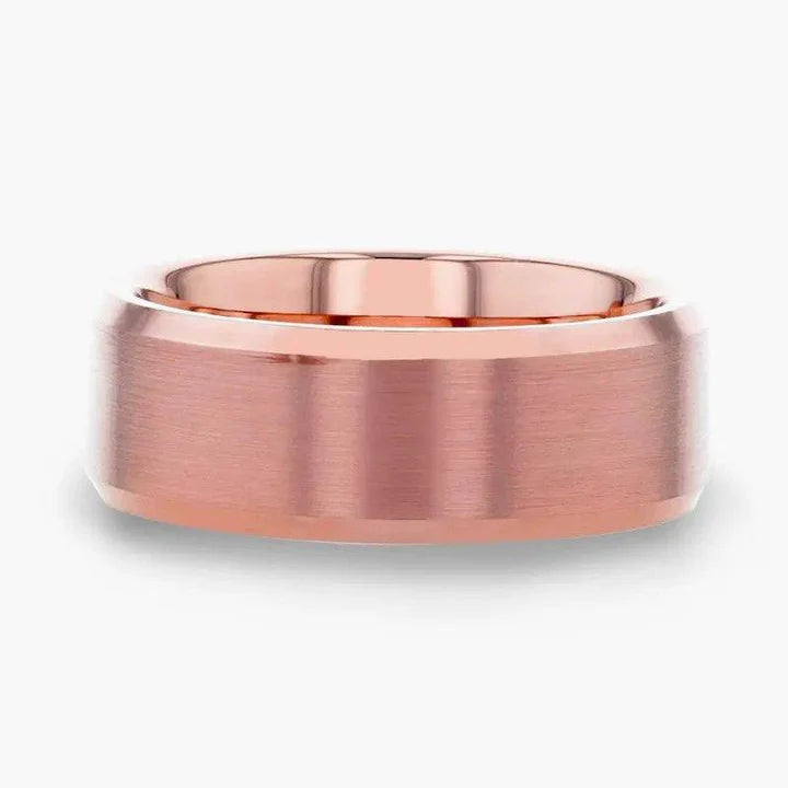 Rimon Rose Gold Brushed Tungsten Wedding Band For Men with Beveled Edges - 8mm