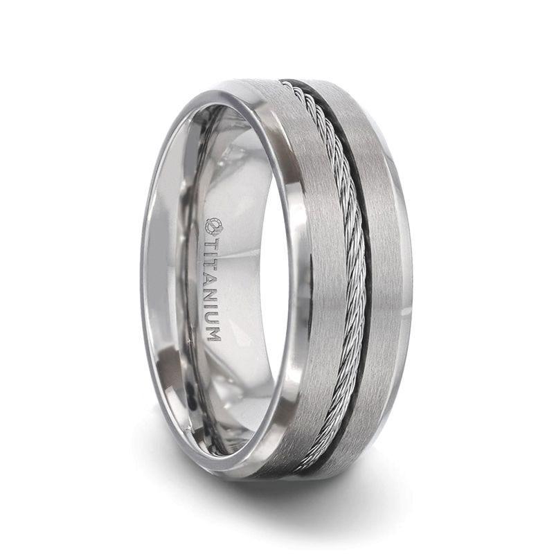 Mahler Steel Cable Inlaid Brushed Center Titanium Men's Ring With Beveled Edges - 8mm