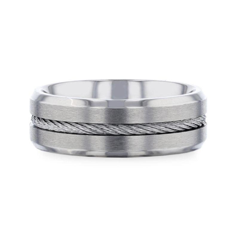 Mahler Steel Cable Inlaid Brushed Center Titanium Men's Ring With Beveled Edges - 8mm