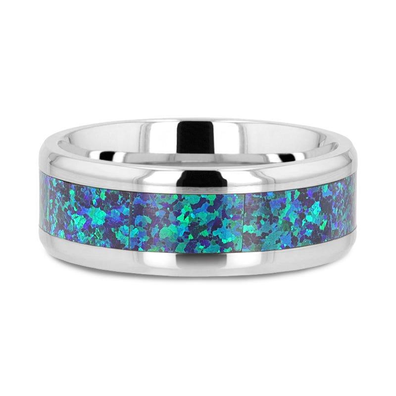 Makai Blue Green Opal Inlaid Titanium Wedding Band with Polished Beveled Edges- 8mm