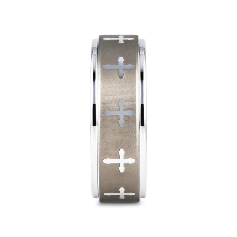 Babylon tungsten ring with raised center and engraved crosses, front view