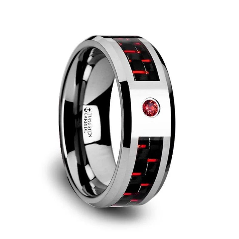 Balius Beveled Tungsten Ring with Black and Red Carbon Fiber Red Ruby Setting - 8mm