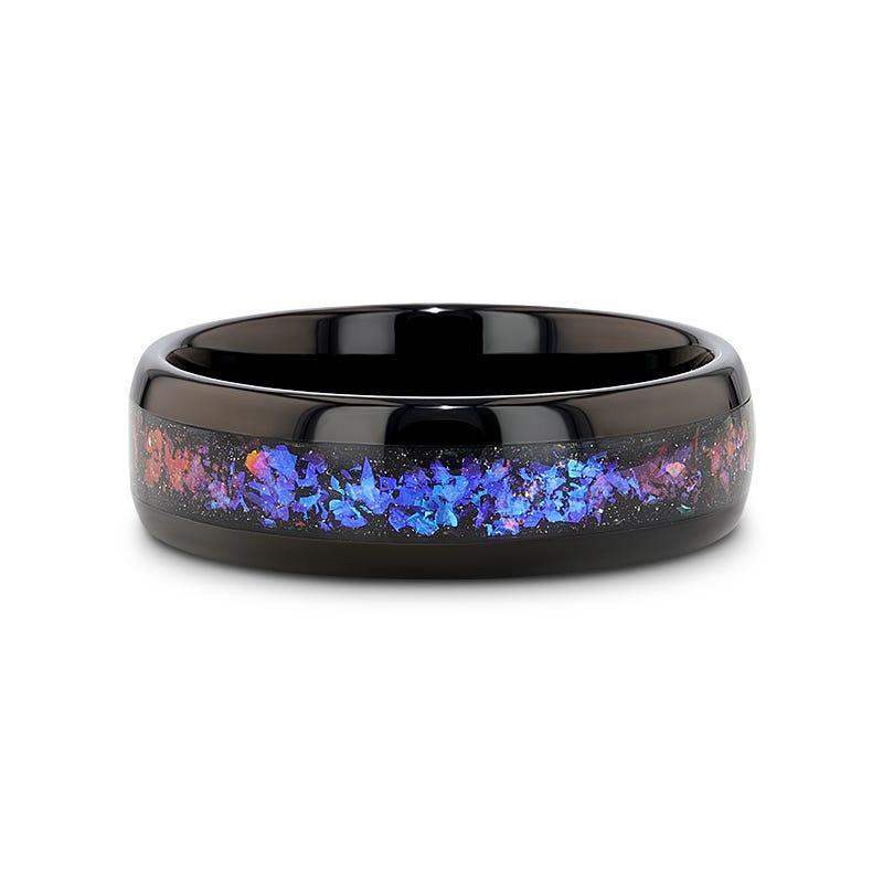 Naxos black tungsten alexandrite ring, detail view