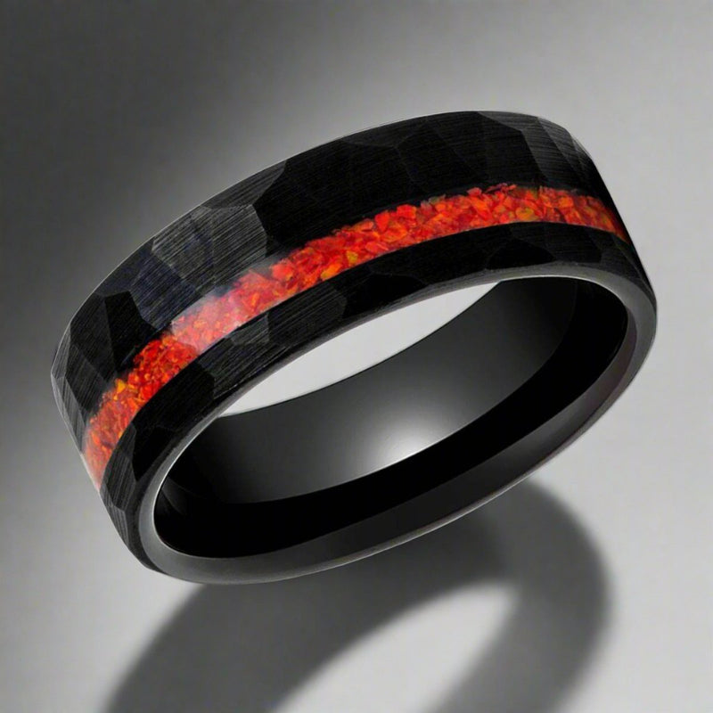 Nefertem black tungsten ring with orange opal inlay, front view