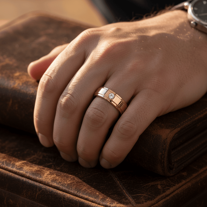Chiron rose gold tungsten ring with round white CZ, front view