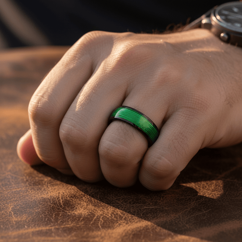 Montu black tungsten ring with green wire inlay, front view