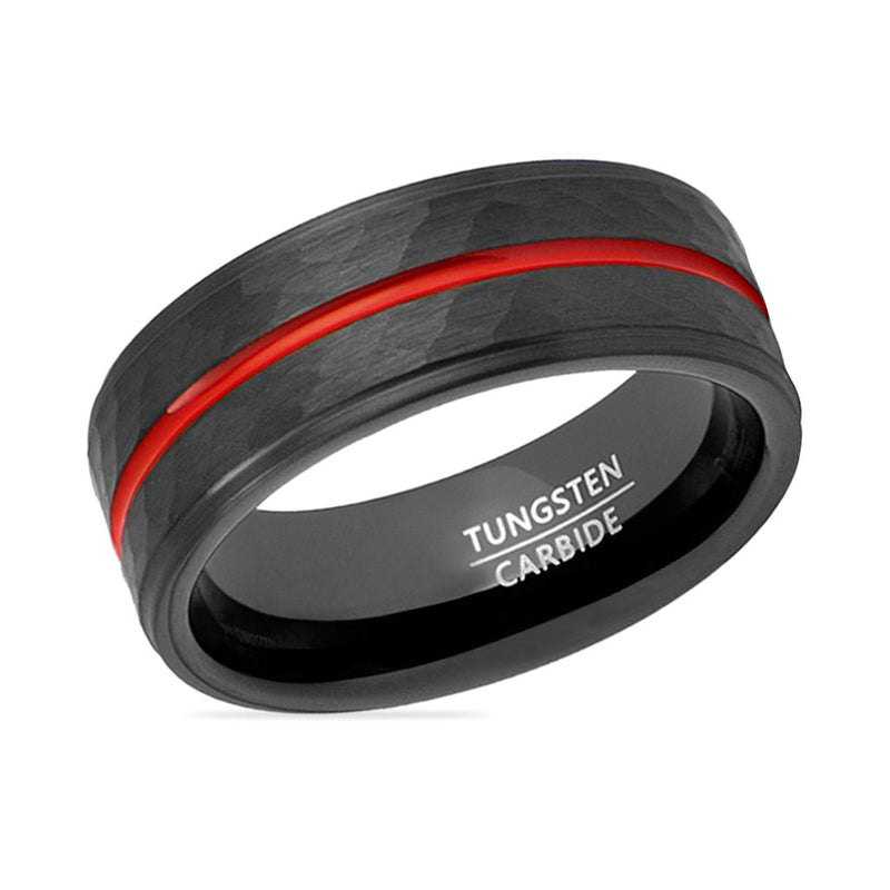 Poseidon black tungsten ring with red groove, front view