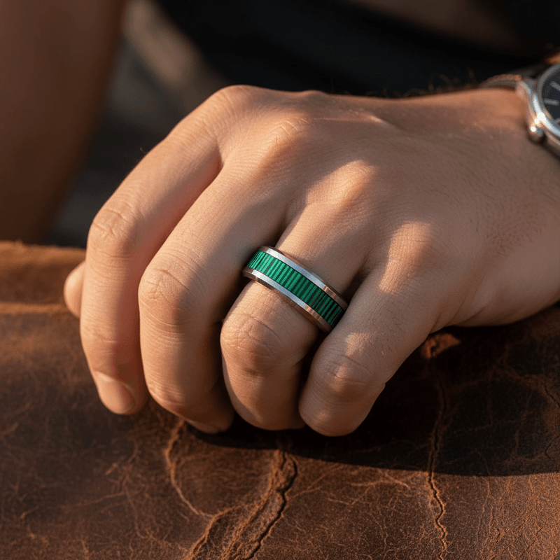 Triton silver tungsten ring with malachite inlay, front view