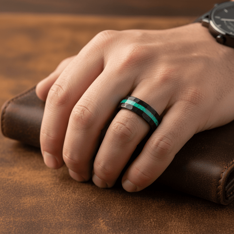 Hermes black tungsten ring with green opal inlay, front view