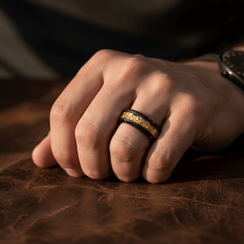 Atum black tungsten ring with gold foil inlay, front view