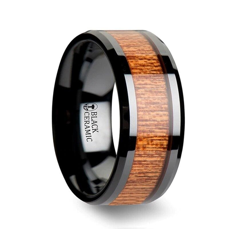 Achelous African Black Ceramic Wedding Band Set Sapele Wood Inlaid - 6mm-10mm