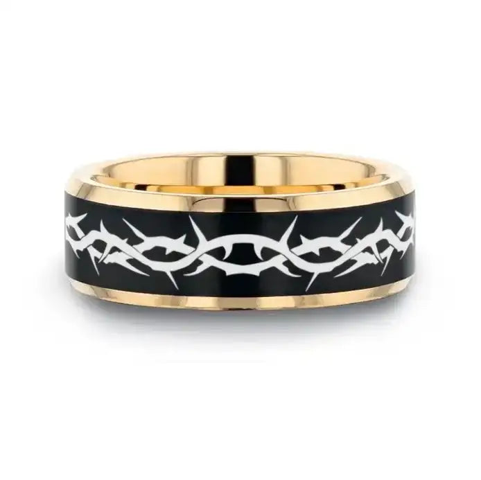 Chalcedon gold-plated tungsten ring with thorn crown engraving, front view