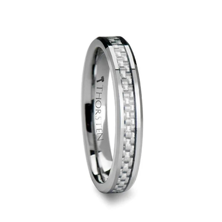 LINO Beveled White Carbon Fiber Inlaid Tungsten Wedding Band 4mm - 12mm