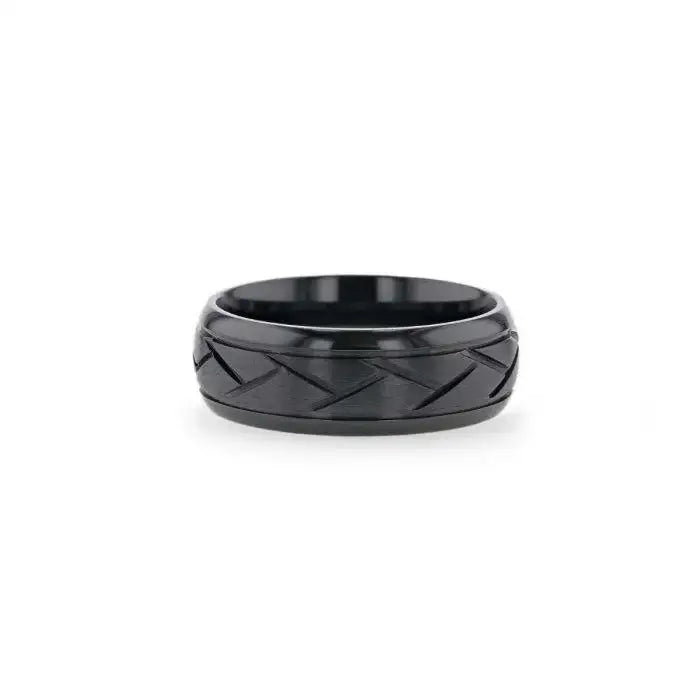 Diomedes black titanium ring, flat lay