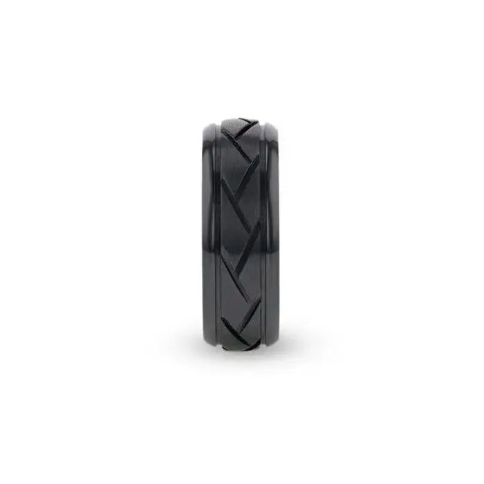 Diomedes black titanium ring, side view
