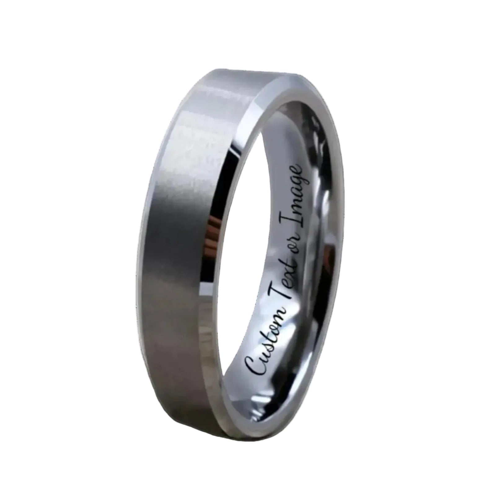 Silver ring with 'Custom Text or Image' engraving on a light background
