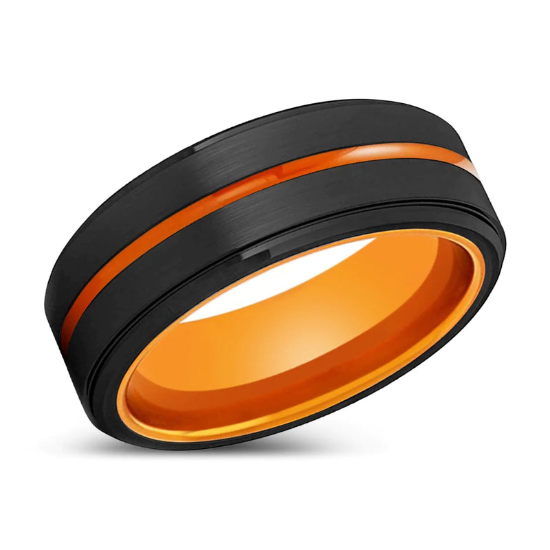 Deke Men's Black Tungsten Wedding Band Stepped Edges Orange Groove - 8mm