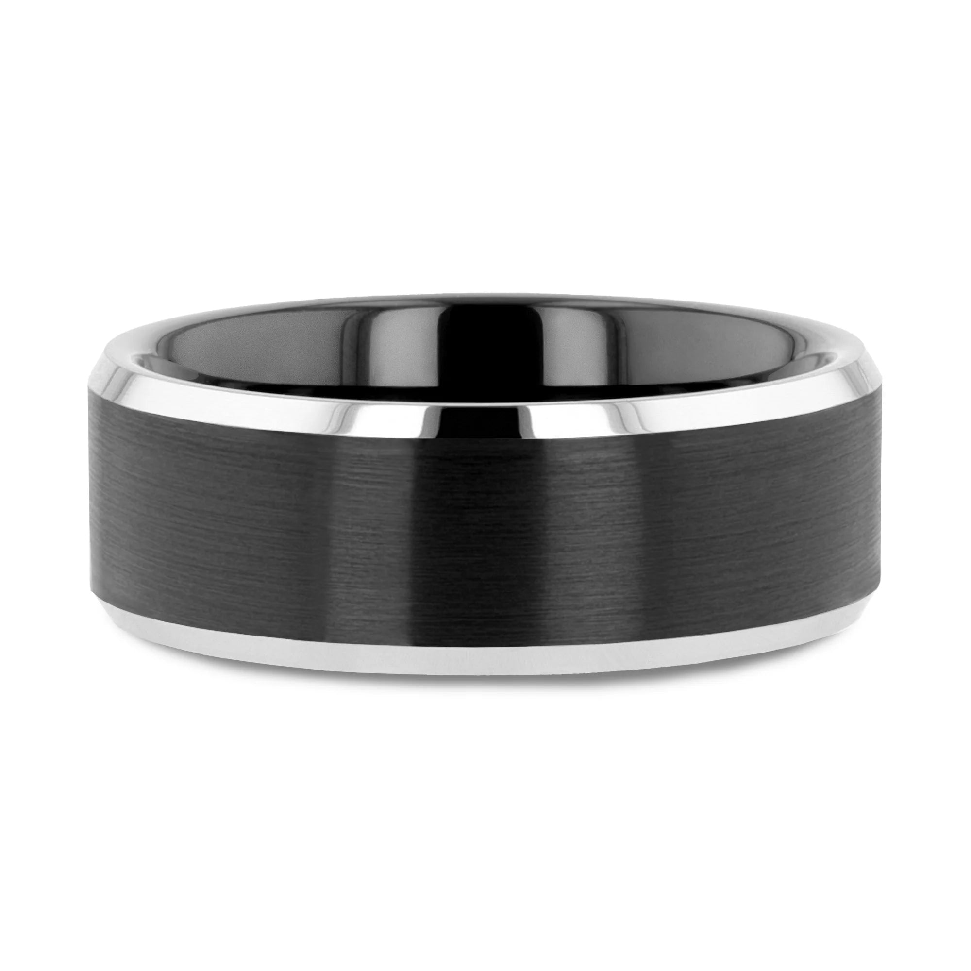 Beveled Edged Tungsten Ring with Brushed Finish Black Ceramic Center - 6mm or 8mm
