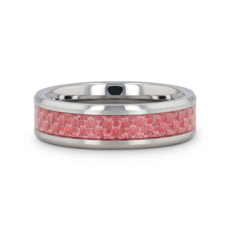 CARISE Pink Carbon Fiber Intarsien Abgeschrägter Wolfram Ehering 4mm - 6mm