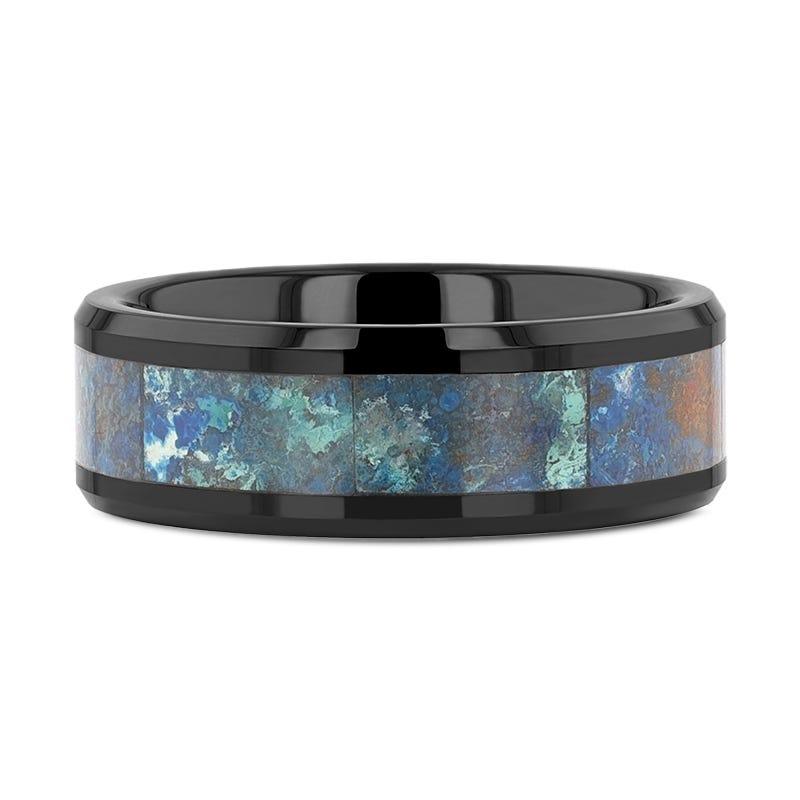 Black Beveled Ceramic Wedding Band with Polished Chrysocolla Inlay - 8mm