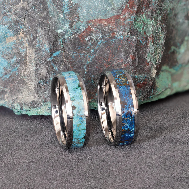 Black Beveled Ceramic Wedding Band with Polished Chrysocolla Inlay - 8mm