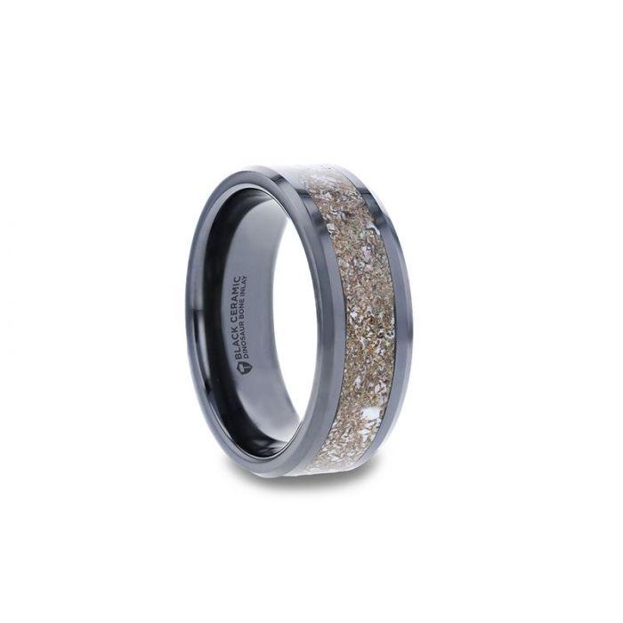 Black Ceramic Flat Beveled Wedding Ring with White Dinosaur Bone Inlay - 8mm