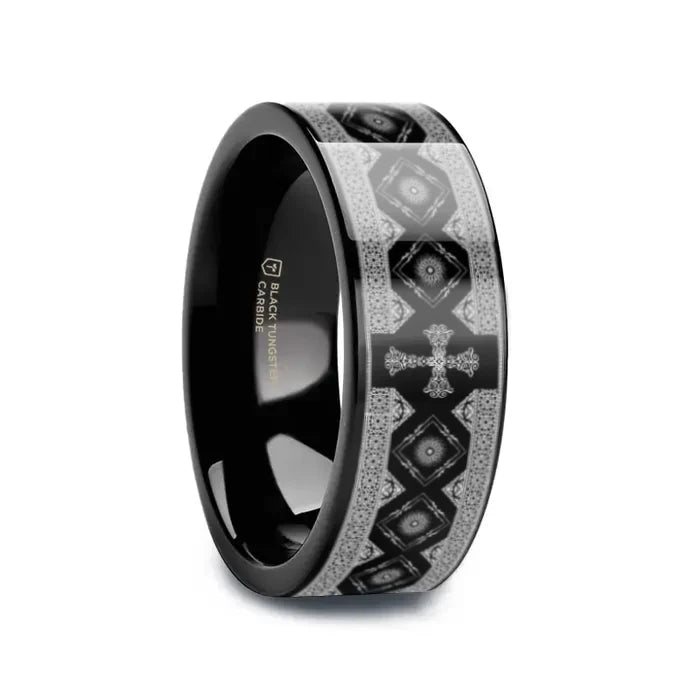 Black Flat Tungsten Carbide Ring with Engraved Cross Pattern