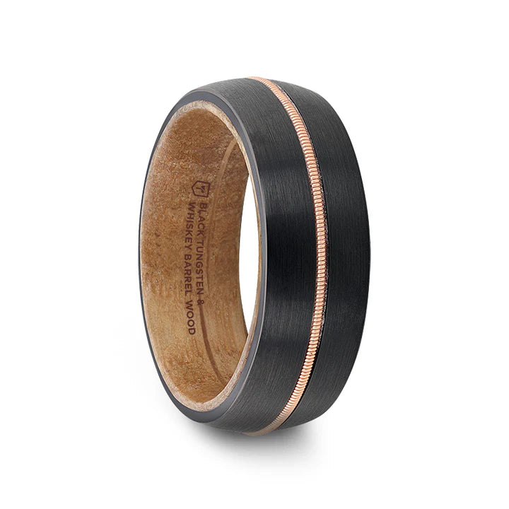 Reem Black Tungsten Ring with Brass Guitar String and Whiskey Barrel Inner Sleeve - 8mm
