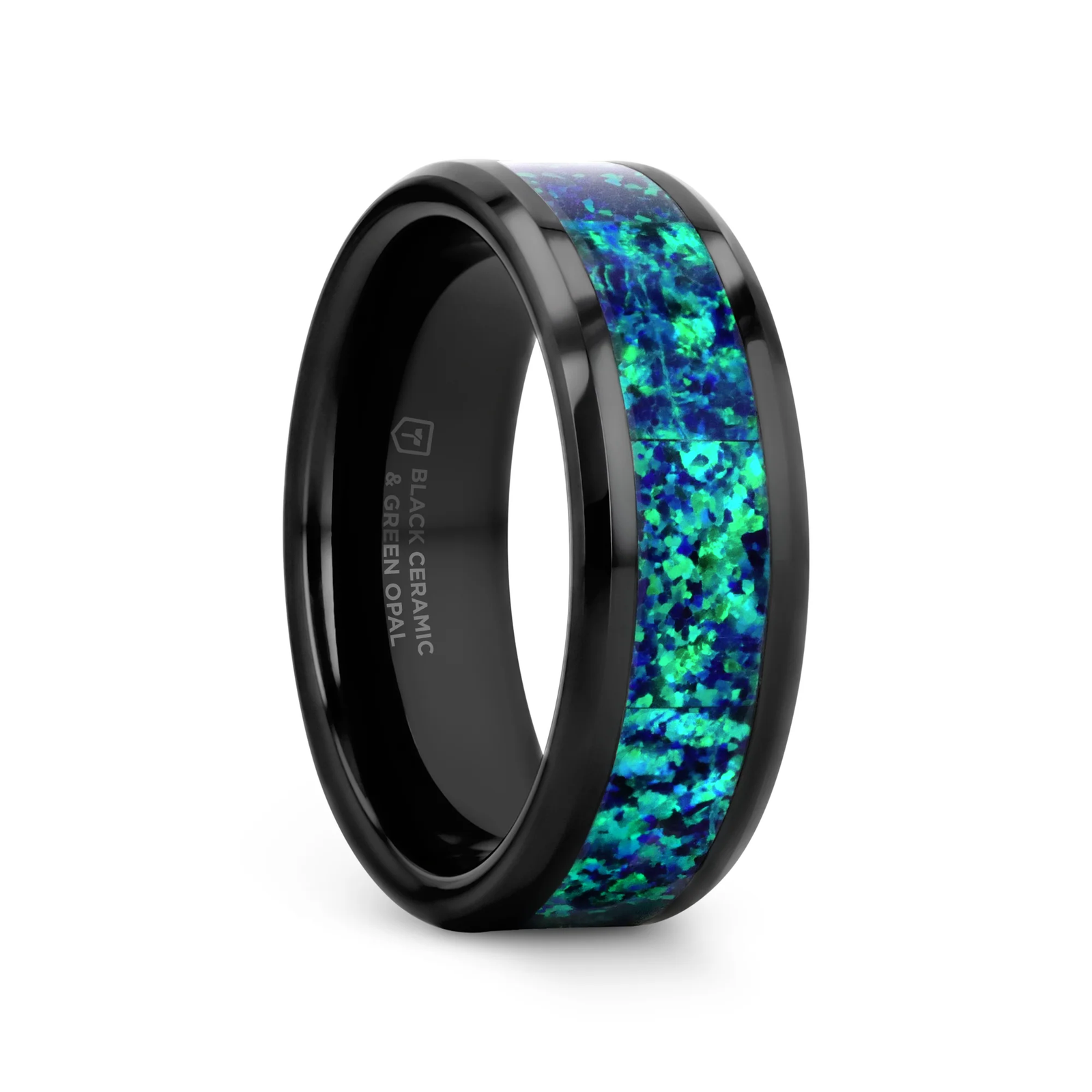 Black Ceramic Wedding Band Emerald Green & Sapphire Blue Color Opal Inlay 6mm & 8mm