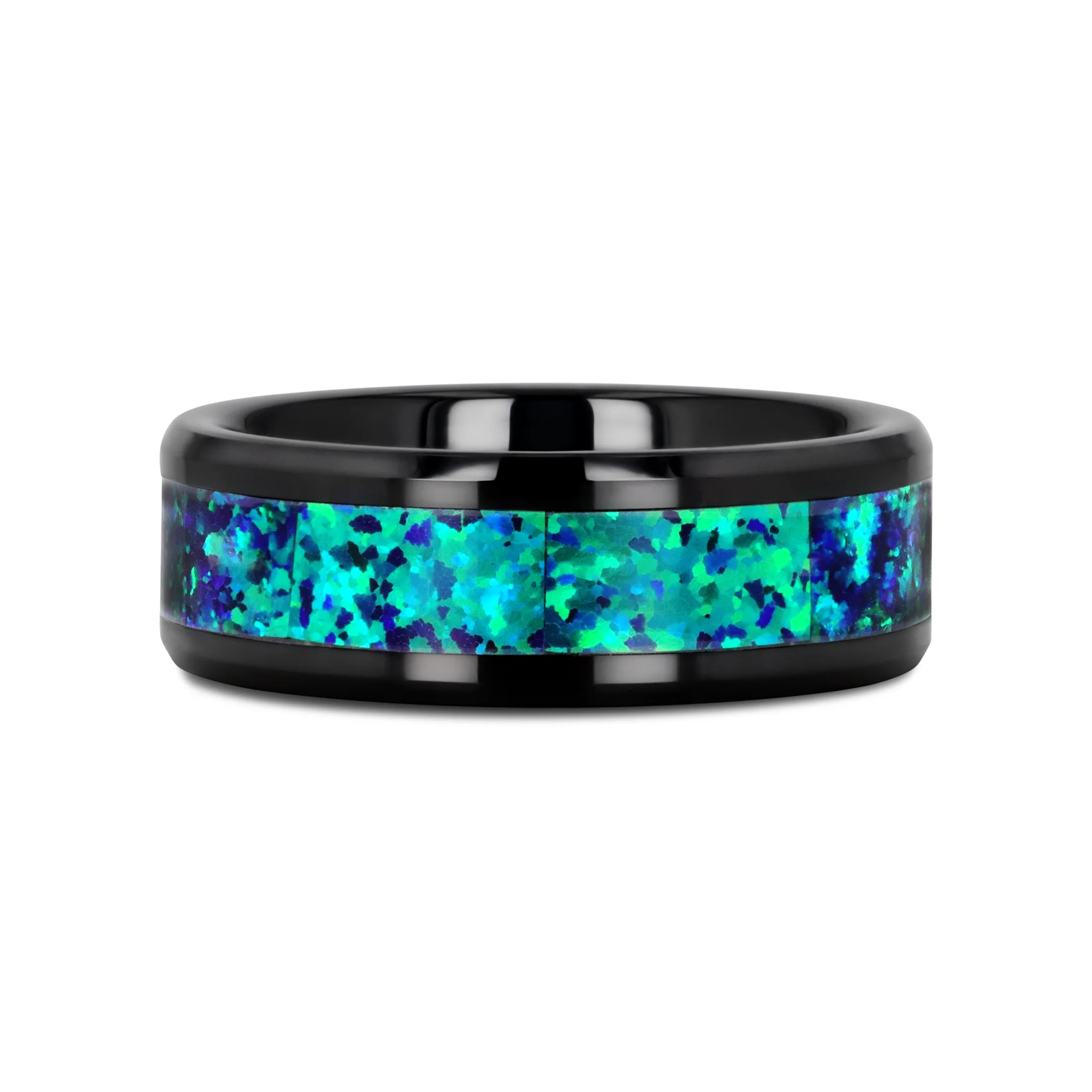 Black Ceramic Wedding Band Emerald Green & Sapphire Blue Color Opal Inlay 6mm & 8mm