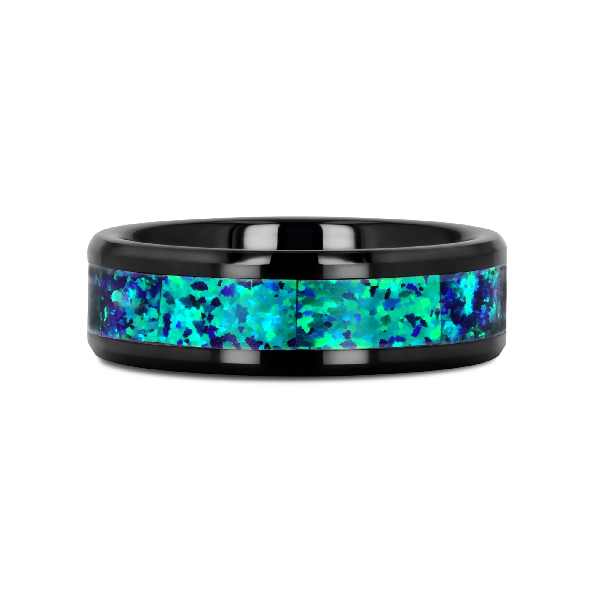 Black Ceramic Wedding Band Emerald Green & Sapphire Blue Color Opal Inlay 6mm & 8mm