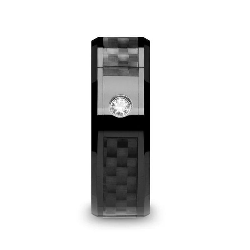 Black Ceramic Wedding Band with Black Carbon Fiber Inlay and White Diamond - 8mm