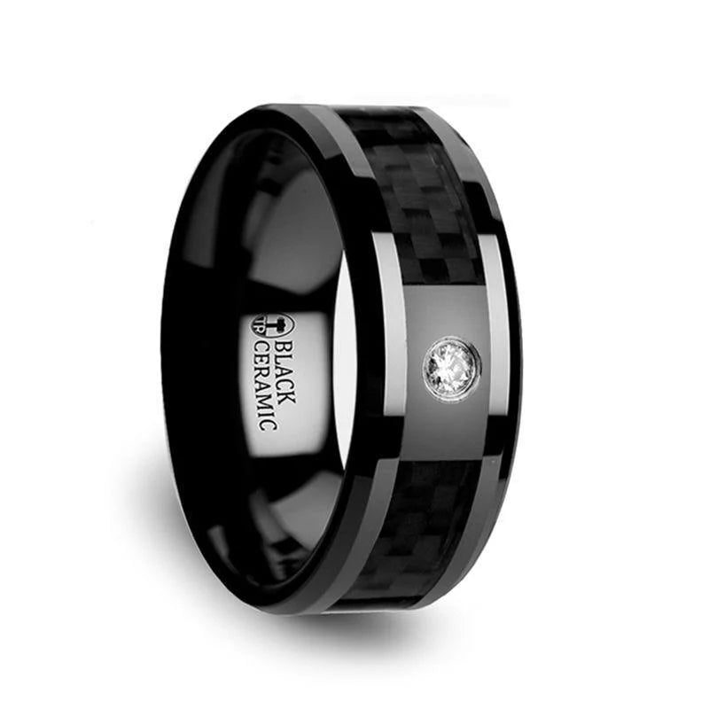Black Ceramic Wedding Band with Black Carbon Fiber Inlay and White Diamond - 8mm