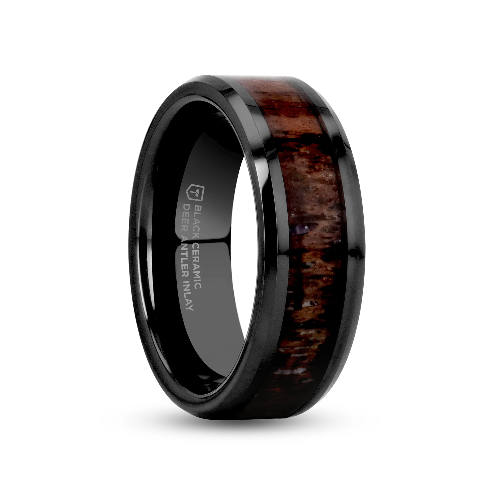 Rivas Black Ceramic Wedding Ring Deer Dark Brown Antler Inlay Beveled Edges 6mm & 8mm
